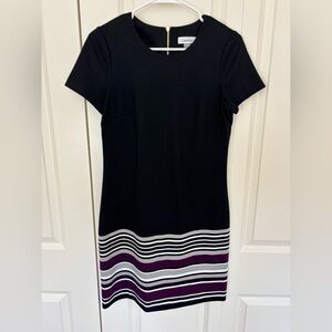 Calvin Klein Striped Hem A Line Dress in Black Purple White Women Sz 8 gold zip